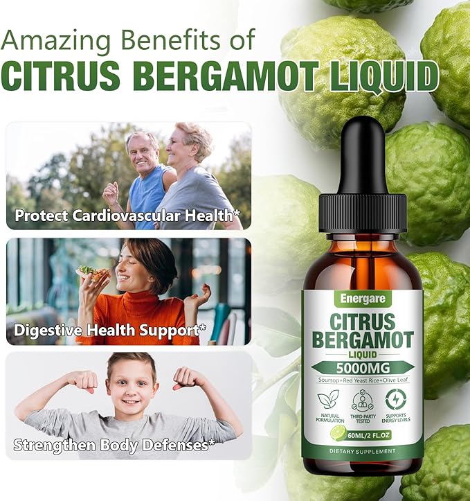 2 Packs Citrus Bergamot Liquid Drops, Bergamot Supplement For High Cholesterol - Soursop, Red Yeast Rice, Olive Leaf - All - Natural, Heart Immune Support & Antioxidant, Soursop Bitters Liquid,4 Fl Oz