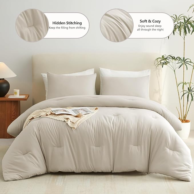 CozyLux Oatmeal Comforter Set Full Size, 3 Pieces Solid Breathable Quilted Style Bedding Sets, Luxury Fluffy Soft Microfiber Comforter for All Season (1 Comforter & 2 Pillowcases)