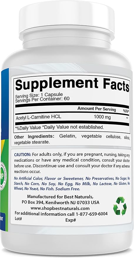 Best Naturals Acetyl L-Carnitine 1000 mg 60 Capsules (60 Count (Pack of 3))