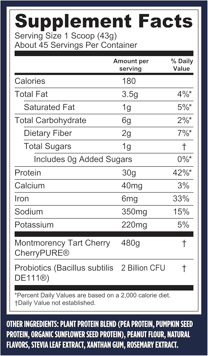 Vega Sport Vegan Protein Powder + Recovery - 30g Plant Based Protein per Serving, Peanut Butter, 45 Servings, 5g BCAAs, Probiotics, NSF Certified, For Shakes & Smoothies, 4.2lbs (Packaging May Vary)