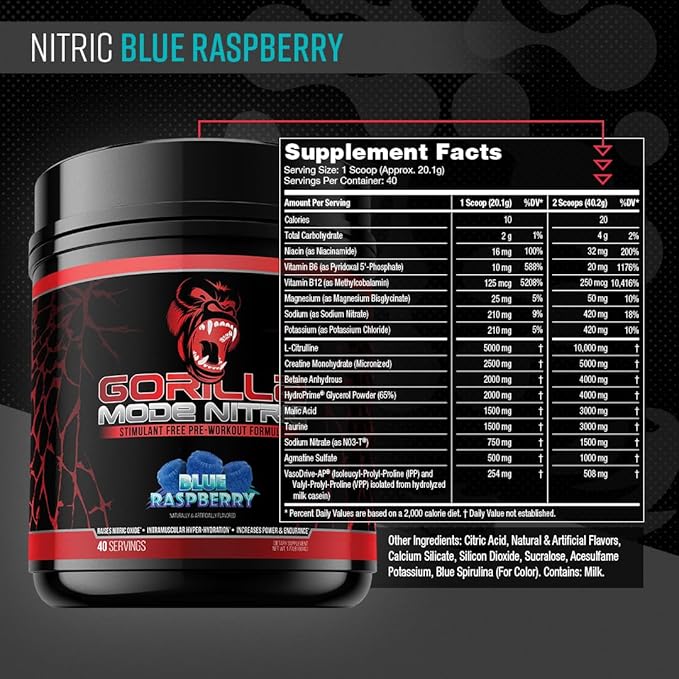 Gorilla Mode Nitric Upgraded Stimulant Free Pre-Workout – Best Tasting and Most Effective Stimulant Free Pre-Workout/Massive Pumps · Vasodilation · Power / 804 Grams (Blue Raspberry)