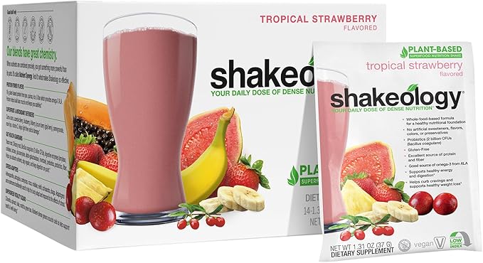 BODi Shakeology Plant Based Protein Powder Blend – Gluten-Free Shake with Vitamins and Minerals – Helps Support Weight Loss, Lean Muscle, Gut Health - Tropical Strawberry, 14 Servings