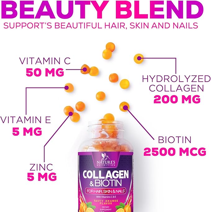 Collagen Gummies with 2500mcg Biotin, Vitamin C & Zinc - Hydrolyzed Collagen Peptide Type 1 & 3 Supplement - Advanced Hair, Skin & Nail Growth Support for Women & Men, Gluten Free, Non-GMO - 120 Count