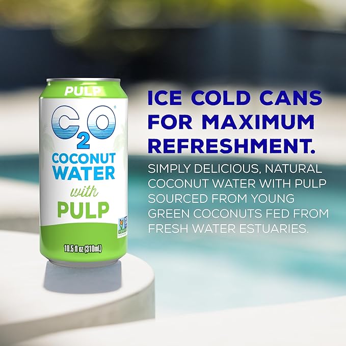 C2O - Coconut Water with Pulp (24 Pack, 3 Boxes of 8) - Made with Fresh Coconut Water - Plant Based, Non GMO Canned Water - Natural Hydration, Essential Electrolytes, & Potassium - 24 Cans, 10.5 FL OZ