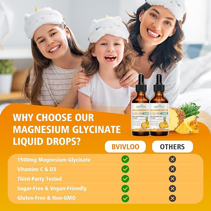Magnesium Glycinate Liquid, High Absorption Magnesium Liquid Drops with Cellulose Fiber, Bromelain, Vitamins B6 C D & Zinc, Magnesium Supplement for Adults & Kids, Pineapple Flavor - 2 Fl Oz