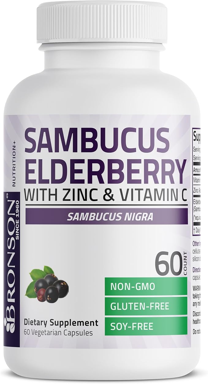 Bronson Sambucus Elderberry with Zinc & Vitamin C Triple Immune Support Complex Immune & Antioxidant Protection, Non-GMO, 60 Vegetarian Capsules