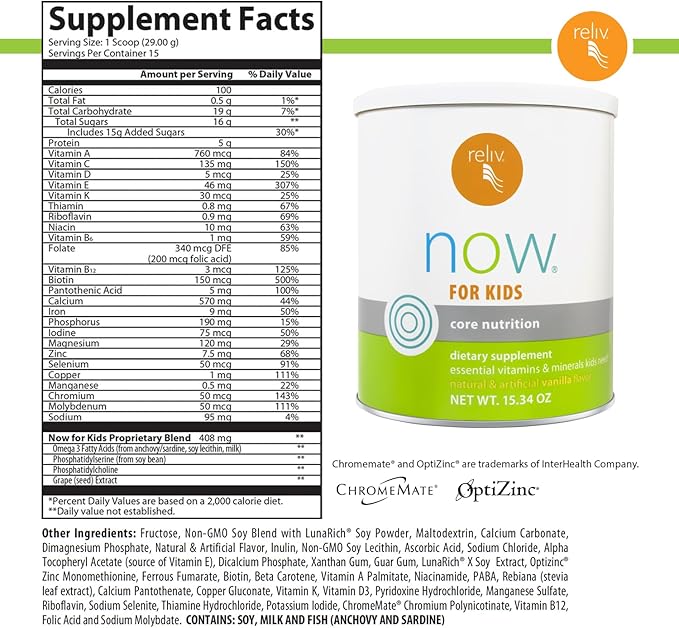 RELIV Now for Kids Vanilla - Nutritional Shake with Essential Vitamins, Minerals, Carbohydrates & Protein for Lasting Energy, 15 Servings