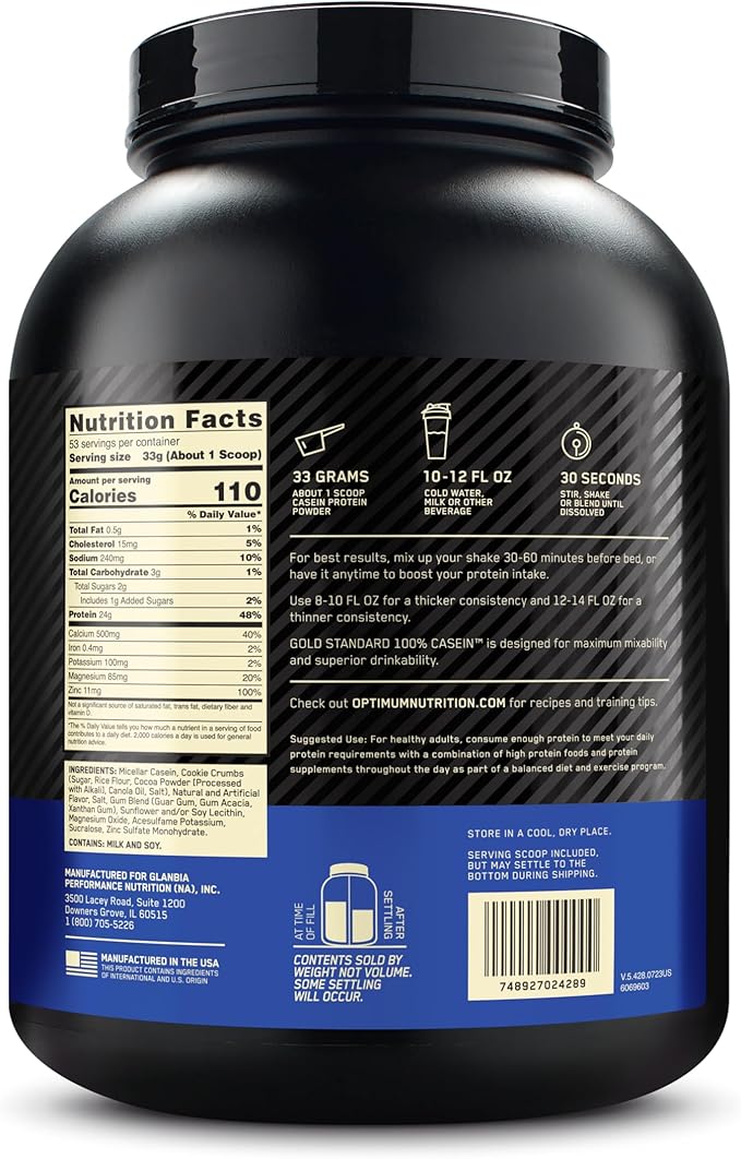 Optimum Nutrition Gold Standard 100% Micellar Casein Protein Powder, Slow Digesting, Helps Keep You Full, Overnight Muscle Recovery, Cookies and Cream, 4 Pound (Packaging May Vary)