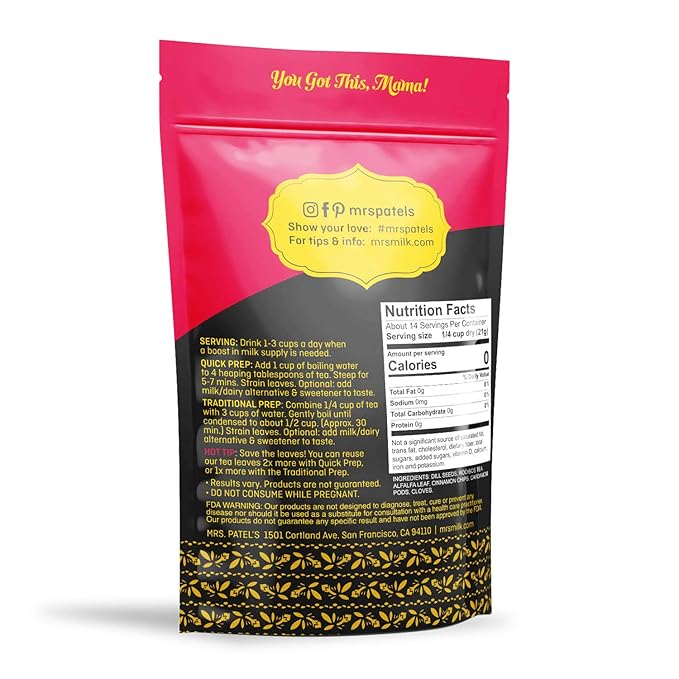 Mrs. Patel's Lactation Tea, Chai Spice Blend, Rich & Sweet, For Breastfeeding and Pumping Moms, Drink Iced or Hot, Loose Leaf, Caffeine Free, Gluten Free, Dairy Free, Fenugreek Free (2 Pouches)