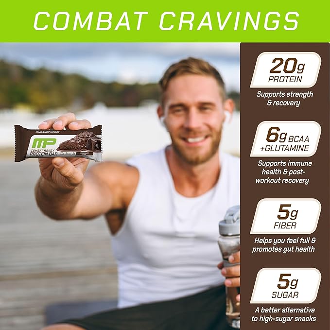 MusclePharm Combat Ready Chocolate Cake Protein Bars, High Protein Bars, Combat Cravings, Fuel Performance & Meet Energy Demands, 20g Protein from Whey Protein, 5g Fiber, Gluten Free, 4 Bars