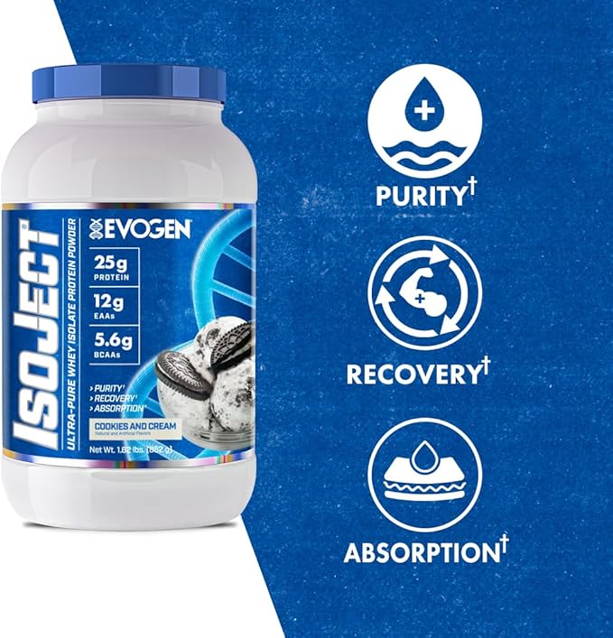 Evogen Isoject - Whey Protein Isolate | Ultra-Pure Whey Protein Powder with Ignitor Enzymes, BCAAs, and EAAs | Enhanced Absorption & Recovery | Cookies and Cream | 25 Servings