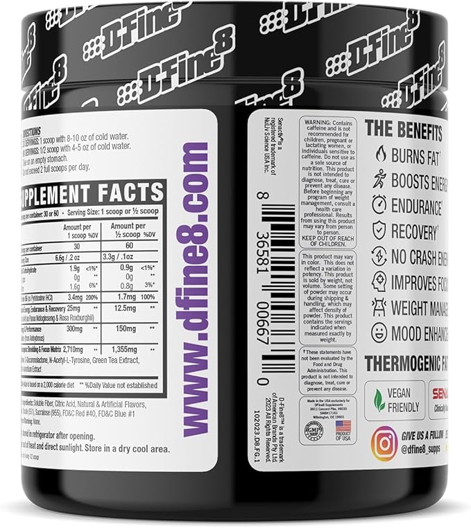 Thermogenic Pre-Workout Energy Powder & Shredding Supplement, Boost Energy Mood & Focus, Sugar Free, Contains Senactiv, Endurance, 300mg Caffeine, N-Acetyl-L-Tyrosine (Fierce Grape)