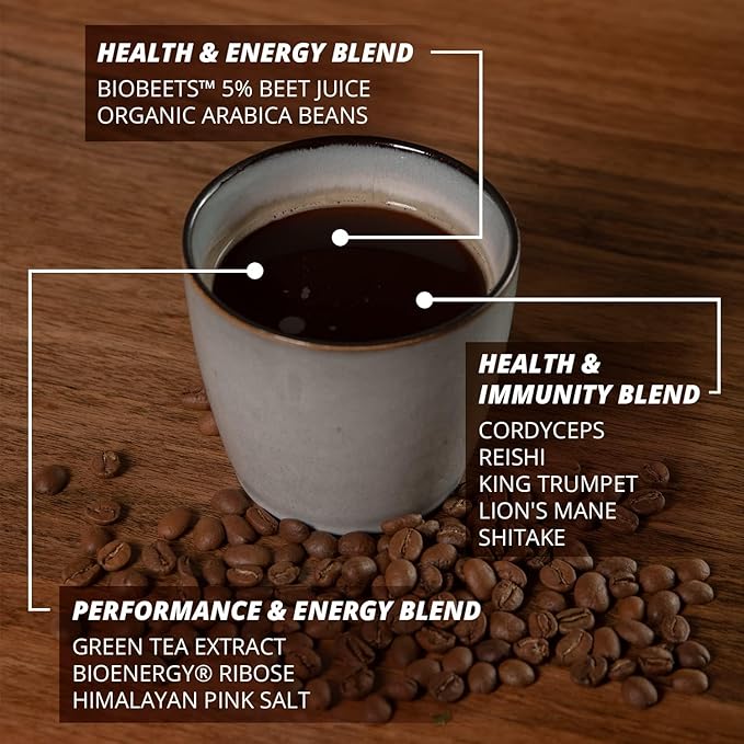 UNBEETABREW Mushroom Coffee – Energizing Plant-Based Pre-Workout with Beet Juice, Adaptogens, L-Theanine & D-Ribose – Boost Focus, Strength & Stamina – Organic Instant Arabica Beans - 30 Servings