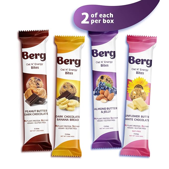 Berg Oat N' Energy Bites - Variety - Non-GMO, Gluten Free, Dairy Free, Soy Free and Vegan - Clean Energy Snack - 1.5oz, (8 Pack)