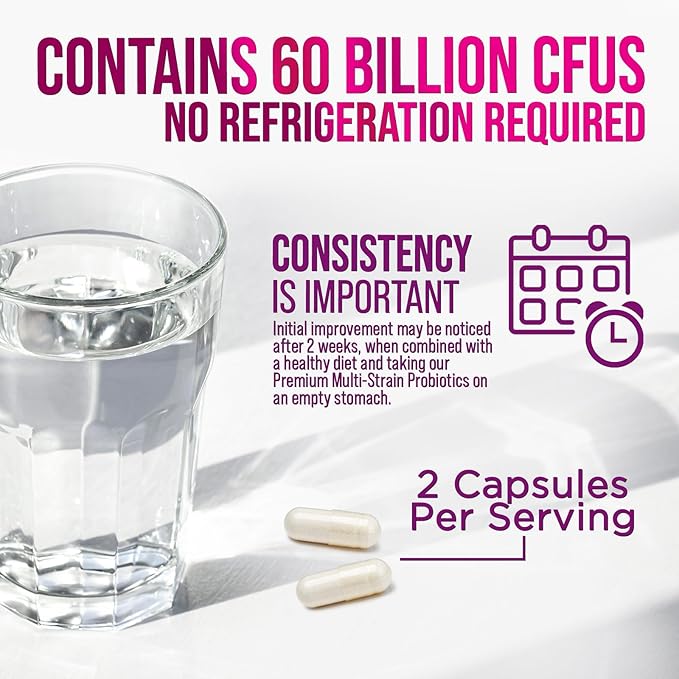 Probiotics 60 Billion CFU per Serving - 10 Strains + Prebiotics - Immune, Digestive & Gut Health Support, Supports Occasional Constipation, Gas & Bloating for Women & Men, Shelf Stable - 120 Capsules