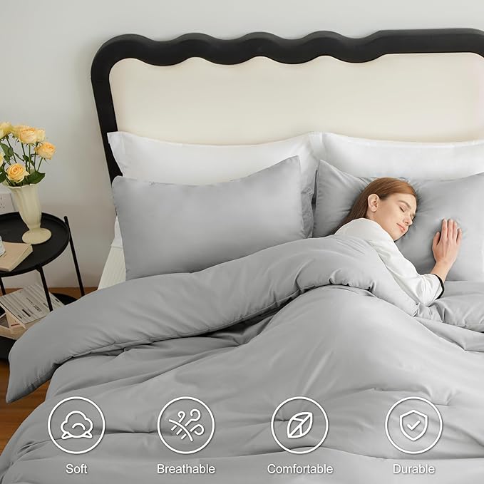 CozyLux Light Grey Comforter Set King Size, 3 Pieces Solid Breathable Quilted Style Bedding Sets, Light Gray Luxury Fluffy Bed Set Soft Microfiber Comforter All Season (1 Comforter & 2 Pillowcases)