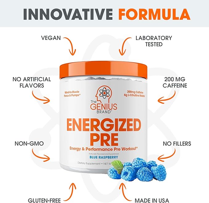 Genius Energized Pre Workout Powder – Caffeine Infused Pre-Workout Booster Supplement with Beta Alanine & Alpha GPC, No Artificial Sweeteners or Dyes - 200mg Caffeine, 20 Servings, Blue Raspberry