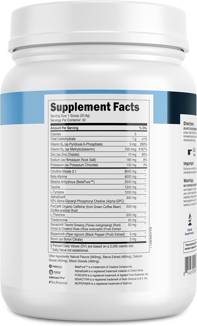 Transparent Labs Bulk Pre Workout Powder - Naturally Sweetened Advanced Pre-Workout Formula for Muscle Building and Strength - 30 Servings, Blue Raspberry