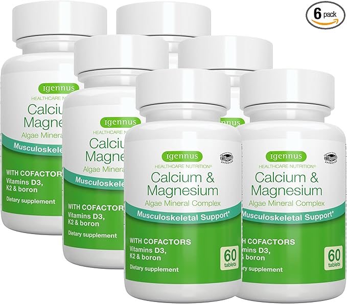 Igennus Algae Calcium & Magnesium Supplement, Plant Based, High Absorption, K2 & D3, Non-GMO Red Algae Mineral Complex for Bone & Teeth Support, for Women and Men, with Boron, Vegan, 6 x 60 Tablets