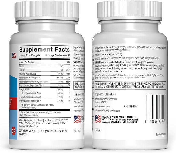Dry Eye Formula - 90 Softgels - for Relief, Omega-3, Vitamins E, C & B6, Magnesium - Tear Production & Lasting Comfort - 2 Pack