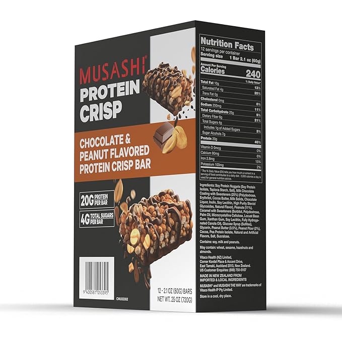 MUSASHI Protein Crisp Bar, 20g Protein, 4g Total Sugars, Chocolate & Peanut, Post Workout and Snack On The Go, 12 Pack of 2.1oz (60g) Bars