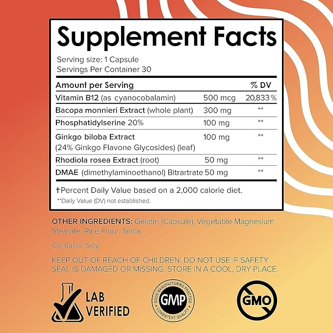 Vital Vitamins Brain Supplements for Memory and Focus – Nootropic Brain Booster with Ginkgo Biloba, Rhodiola, B12 – Caffeine-Free Support for Adults & Seniors – 30-Day Supply, 30 Capsules