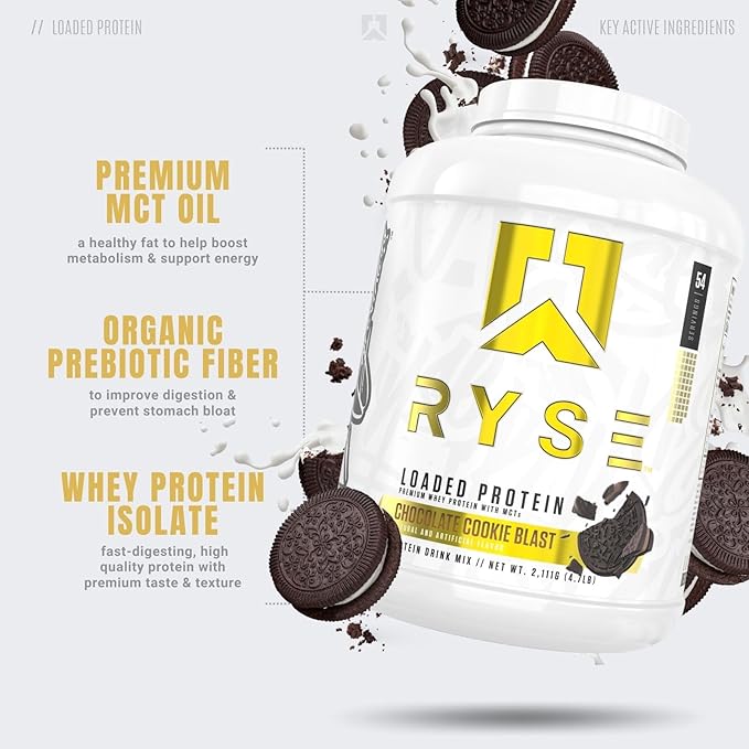 Ryse Loaded Protein Powder - Chocolate Cookie Blast - 25g Whey Protein Isolate & Concentrate with Prebiotic Fiber & MCTs - Low Carb, Low Sugar, Digestive-Friendly - 54 Servings / 4 lb Tub