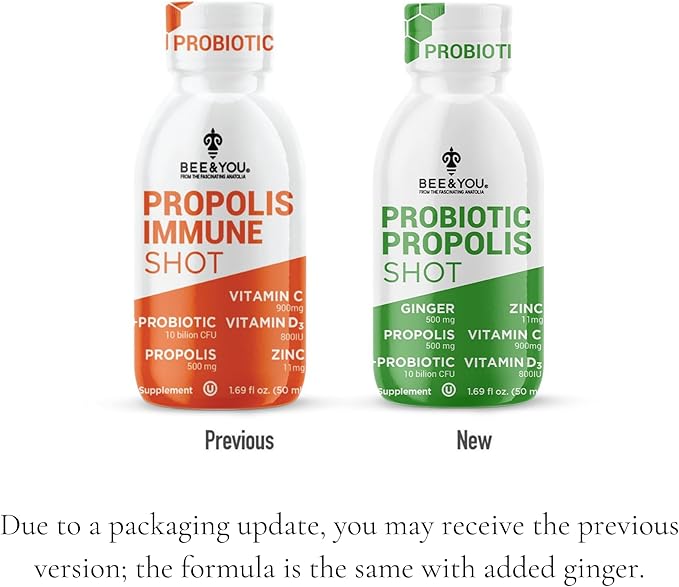 Bee and You Propolis Immune Shot, Probiotic, Vitamin C, Vitamin D3, Zinc, Ginger, Immune Support, Gut Health, Digestive Health, Bioactive 1.69 Fl. oz, 12 Pack