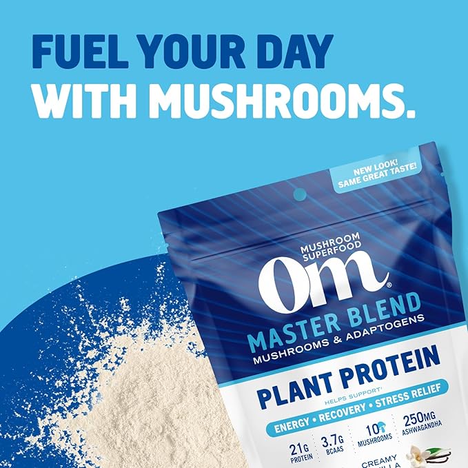OM MUSHROOM SUPERFOOD Master Blend Plant-Based Protein Powder, 16 Servings, Creamy Vanilla with 10 Mushroom Blend & Adaptogens for Recovery