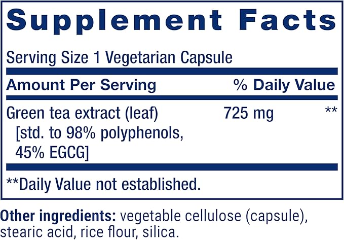 Life Extension Lightly Caffeinated Mega Green Tea Extract, Camellia sinensis Extract with Concentrated EGCG polyphenol Content, Gluten-Free, Non-GMO, Vegetarian, 100 Capsules
