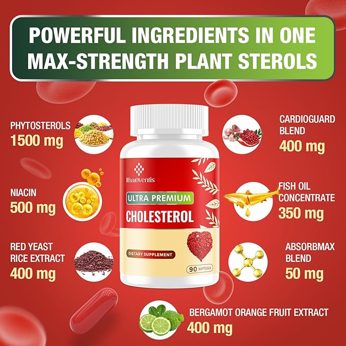 Cholesterol Supplements with Plant Sterols, Niacin, Red Yeast Rice, Bergamot, Omega-3 & Garlic - Max Absorption - 270 Softgels