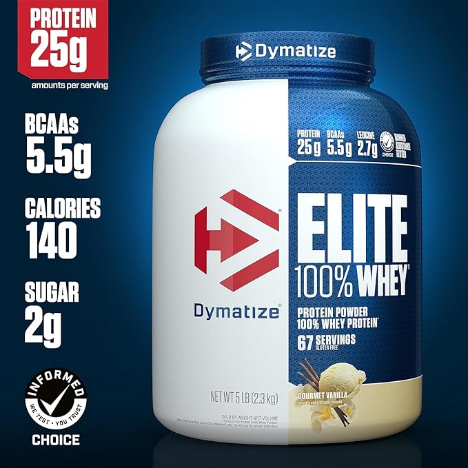 Dymatize Elite 100% Whey Protein Powder, Vanilla, 25g of Protein, 67 Servings, 5.5g BCAAs, Less Than 140 Cal., Gluten Free, 2g Carb, 2g Sugar, 3g Fat