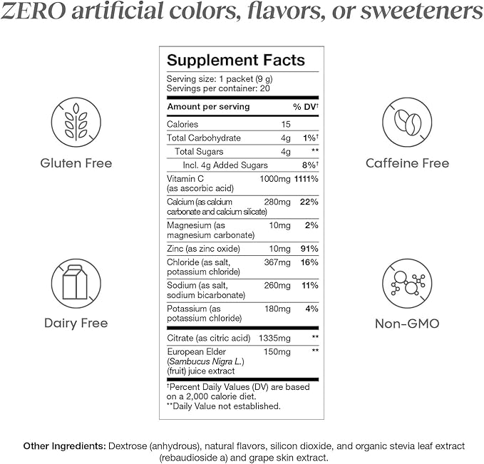 Hydralyte Electrolytes Plus Immunity, Elderberry - Low Sugar Rapid Rehydration Powder - Lightly Sparkling Electrolyte Powder Packets with 1,000mg Vitamin C and 300 mg Elderberry (8oz Serve, 20 Count)