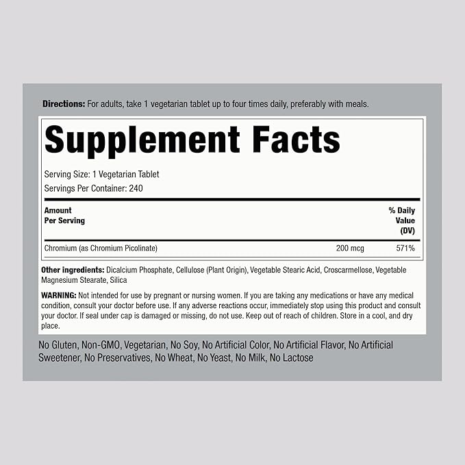 Piping Rock Chromium Picolinate 200mcg | 240 Tablets | Trace Mineral Supplement | Vegetarian, Non-GMO, Gluten Free