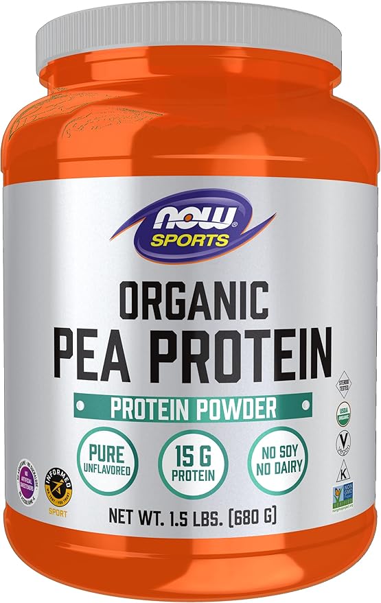 NOW Foods Sports Nutrition, Certified Organic Pea Protein 15 Grams, Unflavored Powder, 1.5-Pound