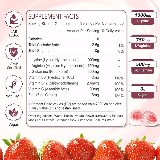 7-in-1 L-Lysine Gummies 1000mg, Lysine Gummies for Adults & Kids, Essential Amino Acid with L-Arginine, L-Glutamine, Vitamin for Lip & Skin, Immune, Calcium Absorption, Strawberry Flavor, 60Ct