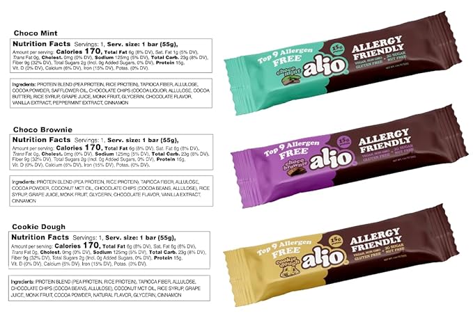 Alio Protein Bars - 3-Flavor Combo Box (12 Bars) – Free From The Top 9 Food Allergens, High Protein, Low-Calorie, Vegan, Gluten-Free, Nut-Free, Non-GMO, Plant-Based, Seed Oil Free, Delicious & Healthy Snack