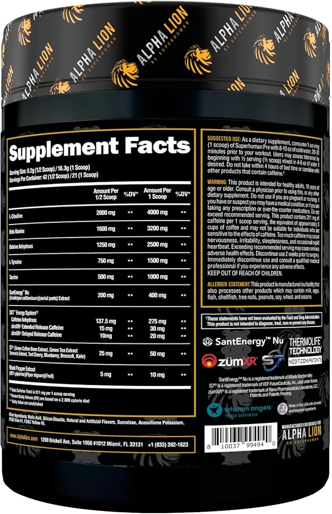 ALPHA LION Superhuman Pre Workout Powder, Beta Alanine, L-Taurine & Tri-Source Caffeine for Sustained Energy & Focus, Nitric Oxide & Citrulline for Pump (21 Servings, Green Gummy Bear Flavor)