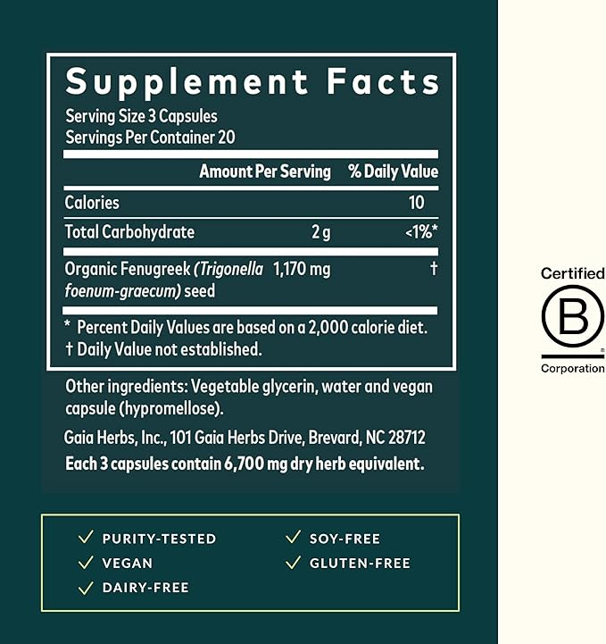 Gaia Herbs Fenugreek Seed - Helps Support Healthy Lactation and Breast Milk Production* - Made with Organic Fenugreek Seeds - 60 Vegan Liquid Phyto-Capsules (Up to 15-Day Supply)