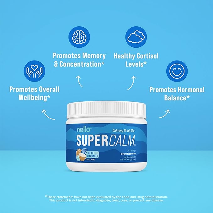 Supercalm Powdered Drink Mix, Blue Coconut, L Theanine, Ksm-66 Ashwagandha, Magnesium Glycinate, Vitamin D 3, Supplements for Relaxation & Focus, No Sugar, Non GMO, On The Go, 30 Srvgs