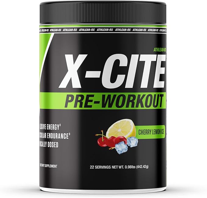 X-CITE Pre-Workout by ATHLEAN-X - Enhanced Formula with Beta-Alanine, Creatine & Caffeine for Ultimate Energy, Endurance, Focus & Muscle Pump, NSF Certified (22 Servings, Cherry Lemon Ice)