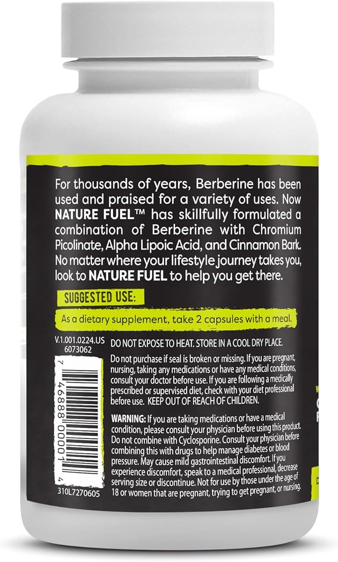 Healthy Delights Nature Fuel Berberine Capsules, Berberine Supplement, with Berberine HCl, Chromium Picolinate, Alpha Lipoic Acid, and Cinnamon Bark, 60 Count, 30 Servings