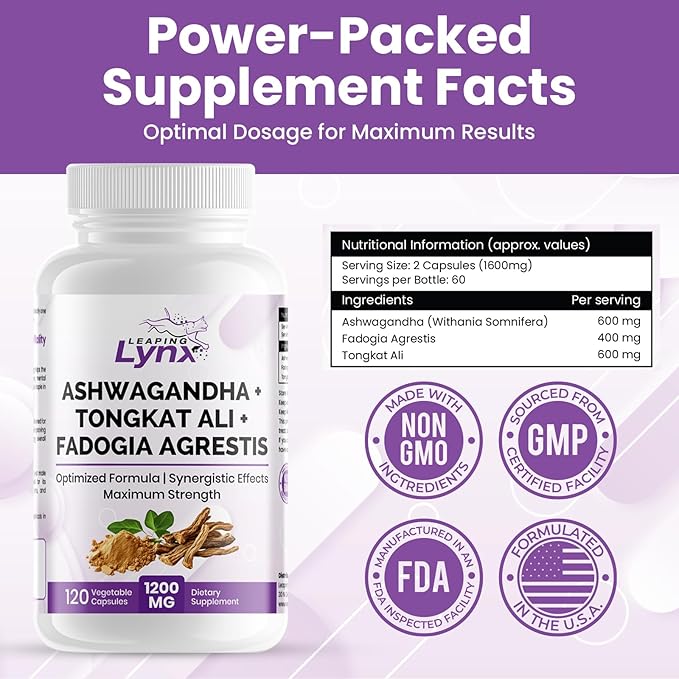 Ashwagandha + Tongkat Ali + Fadogia Agrestis – 120 Capsules, 1200mg Per Serving – Powerful Herbal Blend for Energy, Stamina & Vitality – Synergistic Formula for Active Lifestyles – 3rd Party Tested