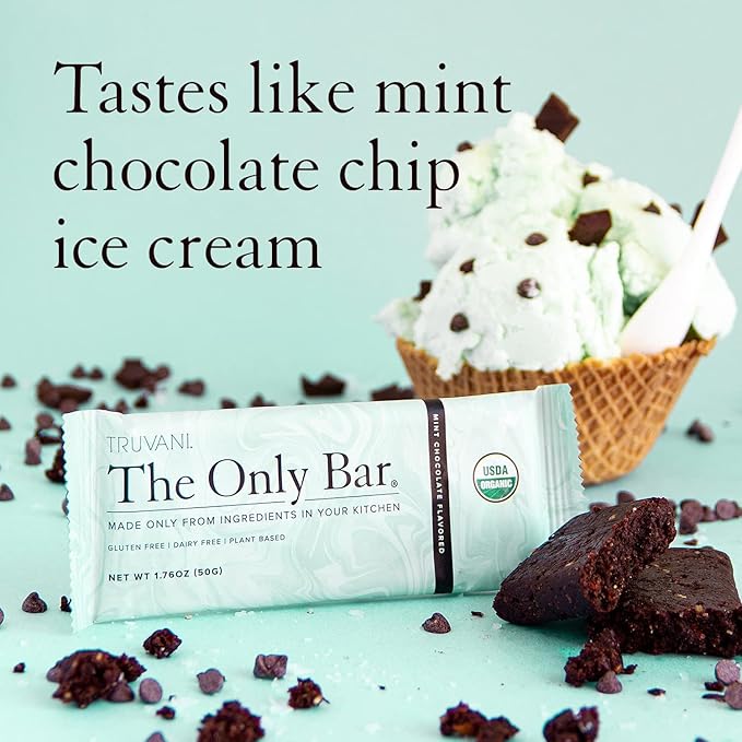 Truvani Plant Based Snack Bars | Chocolate Mint 4 Pack | 7g Protein | USDA Organic and Vegan | The Only Bar | Dairy, Soy, and Gluten Free | Individually Wrapped