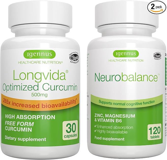 Longvida Curcumin 500mg + Neurobalance High Absorption Zinc Magnesium B6 Vegan Bundle, Ultra Bioavailable Curcumin with Chelated Zinc Picolinate 24mg, Oxide-Free Magnesium, by Igennus