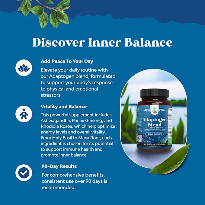 Herbal Adaptogen Mood Support Supplement - Calming Adaptogens Supplement for Stress & Cortisol Management with Ashwagandha Rhodiola Rosea & Maca Root - Vegan Non GMO & Daytime Friendly -120ct