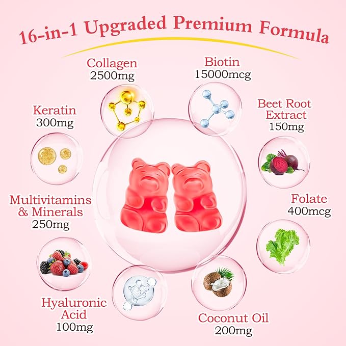 Collagen Gummies for Women Men, Women Over 50, Collagen Peptides Protein Type I,II,III,V,X with Biotin Keratin Vitamin C A D E B12 K2 for Skin Hair Nails Immunity Energy 60 Strawberry Flavored Gummies