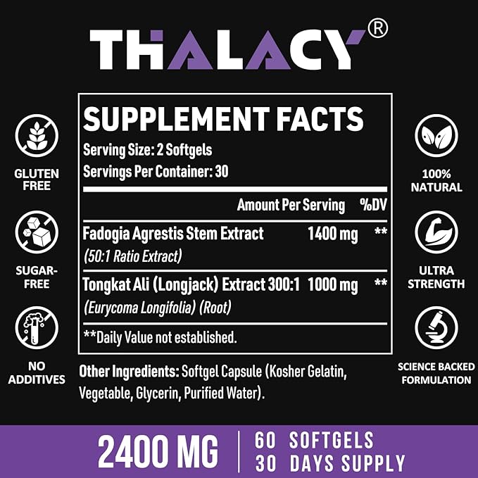 2400mg Fadogia Agrestis Tongkat Ali Supplement - Fadogia Agrestis 1400mg & Tongkat Ali 1000mg Ultra Blend, Maximum Strength, Muscle Mass & Athletic Performance, 120 Softgels