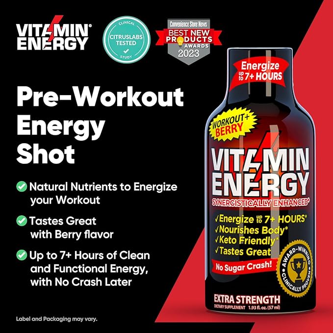 Vitamin Energy Workout+ Extra Strength Daily Energy Shot – Berry – 260mg Natural Caffeine, B-Vitamins – Pre-Workout & Endurance Support – Zero Sugar, Vegan, Kosher – 1.93 fl oz, 48-Pack