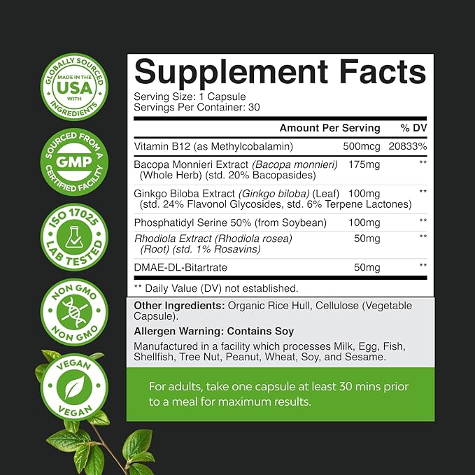 Nootropic Memory Supplement for Brain Support - Memory Pills for Brain Boost and Natural Energy Booster - Vitamin B 12 Bacopa Monnieri Rhodiola Rosea DMAE Ginkgo Biloba Phosphatidylserine Supplement